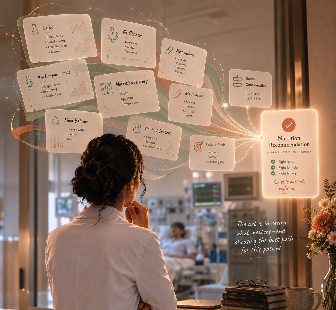 A clinician reviewing floating cards of clinical considerations — labs, GI status, anthropometrics, medications, nutrition history, fluid balance, clinical context, and patient goals — all converging into one nutrition recommendation for the patient.